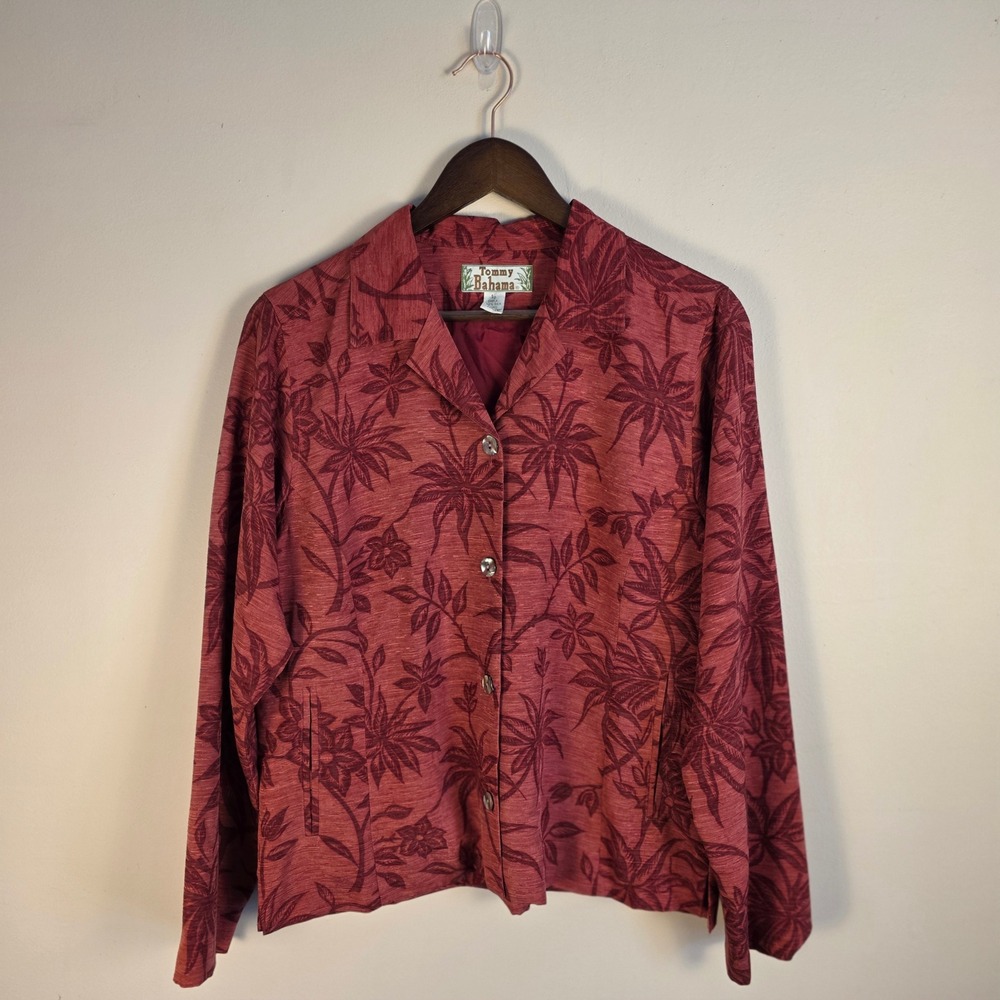 Tommy Bahama Button Front Jacket Womens 12 Red Silk Tropical Floral Pockets